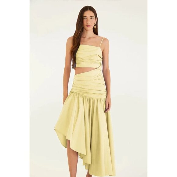 Farm Rio Dresses & Skirts - NWOT Farm Rio Cotton Asymmetric Irregular Pleated Midi Dress XS Hollowed Waist